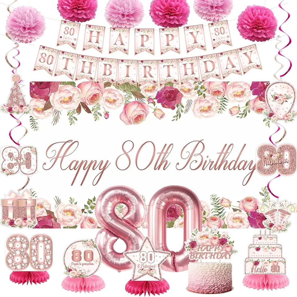 Vlipoeasn Floral Rose Gold 80th Birthday Decorations for Women