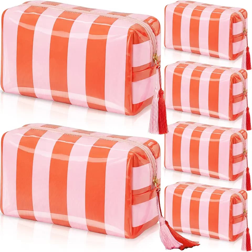Gilprop 6 Pcs Clear Coated Makeup Bag Orange Striped Cosmetic Bag Bulk