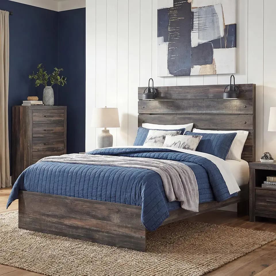 Signature Design by Ashley Drystan Twin Panel Bed with Light, Rustic Brown