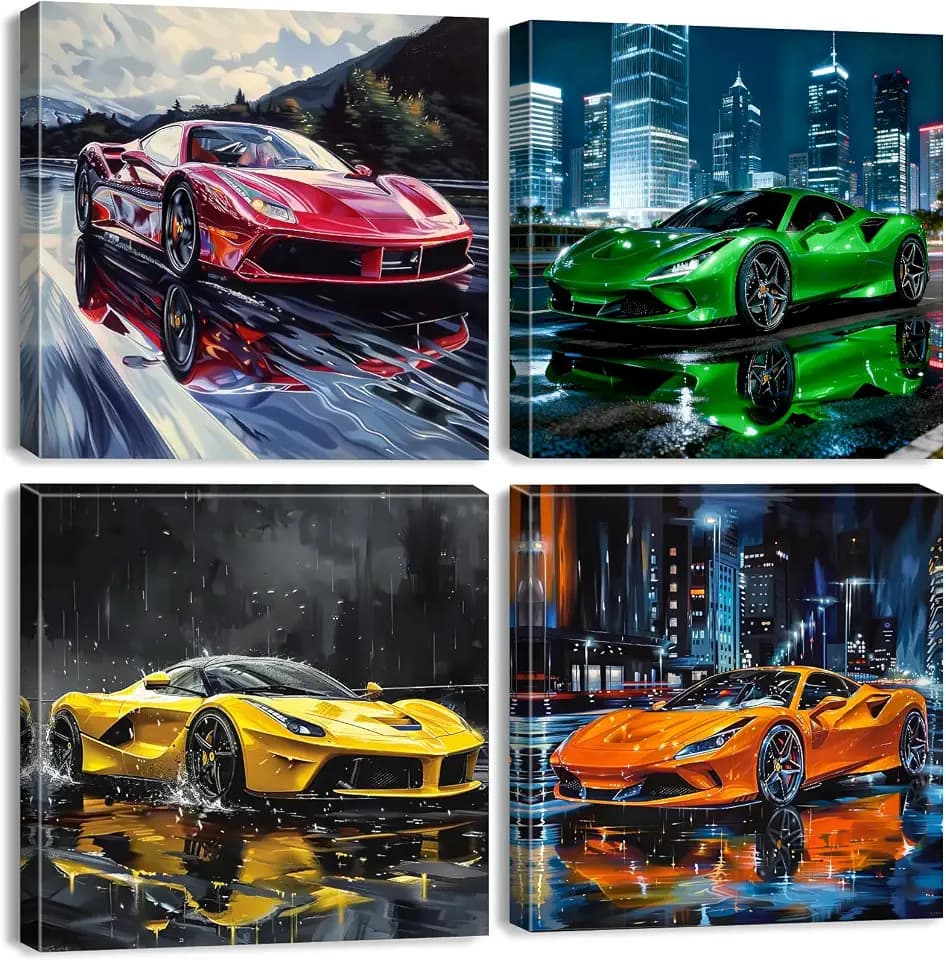 Sport Car Wall Art Car Posters for Boys Room Decor Supercar Pictures Wall Decor Cool Racing Paintings Canvas Prints Abstract Street Racing Vehicle Posters Artwork Teens Men Office Decoration 12x12" 4P