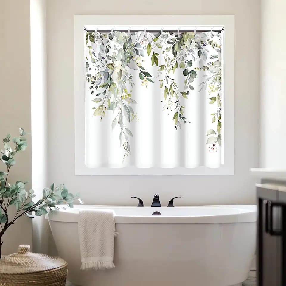 Shower Window Curtain, Green Eucalyptus Bathroom Decor 36x48 Inch