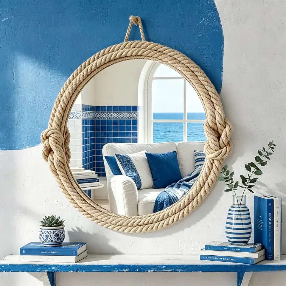 20" Round Rope Wall Mirror – Coastal Farmhouse Decorative Hanging Mirror
