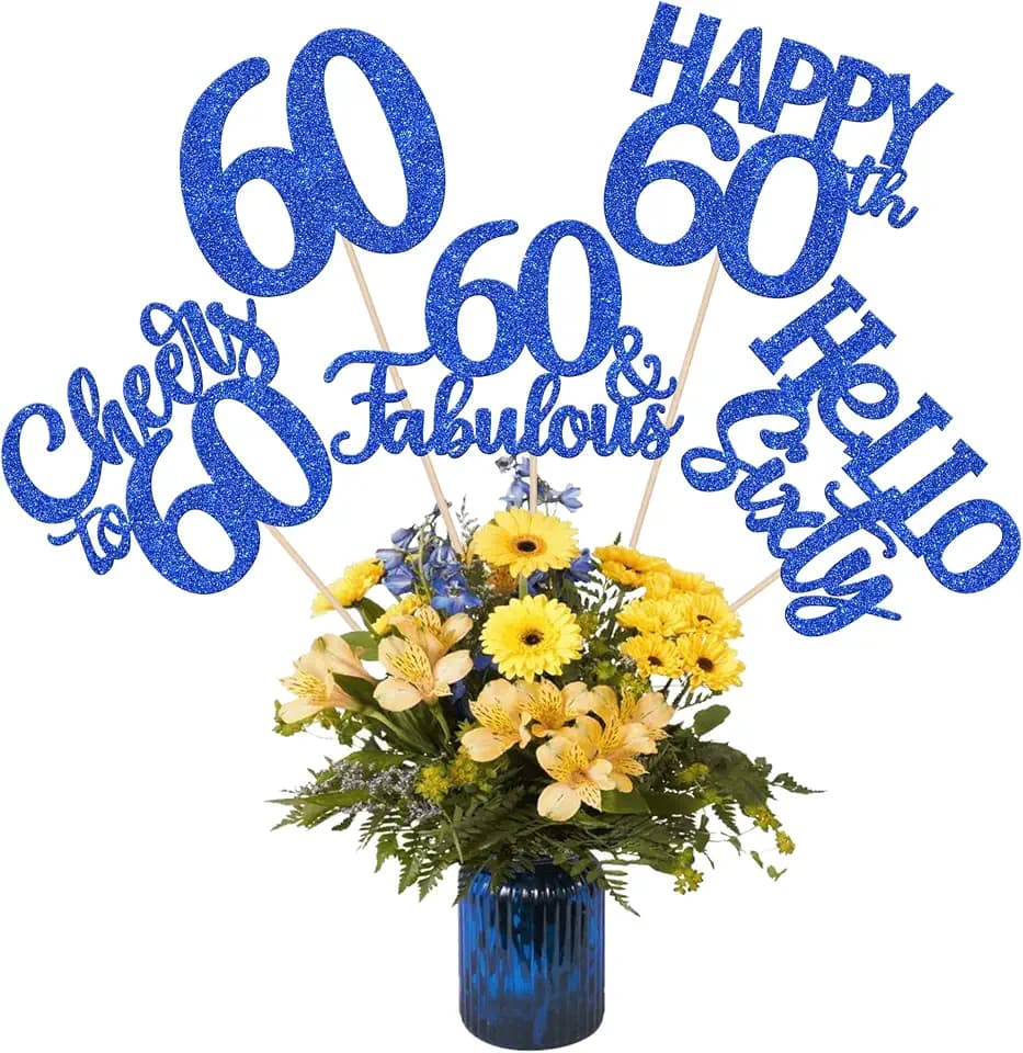 15 PCS 60th Birthday Centerpiece Sticks Hello Sixty Happy 60 Table Flower Centerpieces Sticks Cheers to 60 Fabulous Floral Decorations for 60th Birthday Party Table Centerpieces Supplies Blue