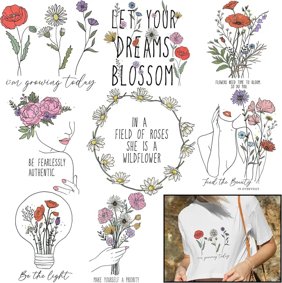 8 Sheets Motivation Flowers Iron On Transfers for T-Shirts & Women's Clothing - Flowers Htv Heat Transfer Vinyl Iron On Decals Patches Design