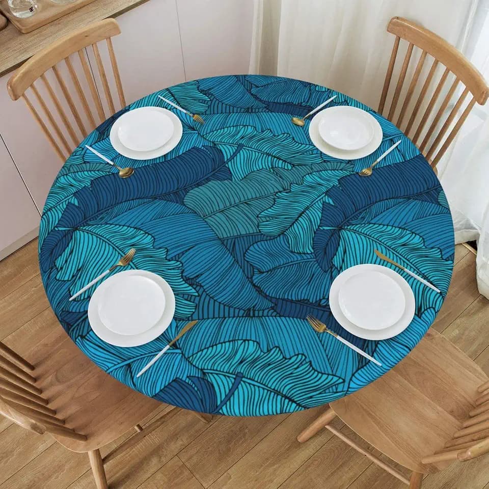 Elastic Edged Round Tablecloth Dark Blue Banana Leaves Elastic Close Fitting Table Cover Washable Reusable Kitchen Dining Picnic Party Suit 40-44 Inch
