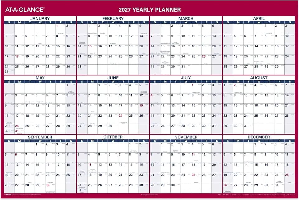 AT-A-GLANCE 2027 Erasable Calendar, Dry Erase Wall Planner, 48" x 32", Vertical-Horizontal, Reversible (PM3262827)