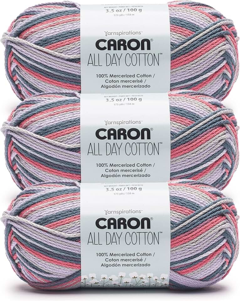 Caron All Day Cotton Prints Yarn for Crocheting, Morning Air, 3-Pack