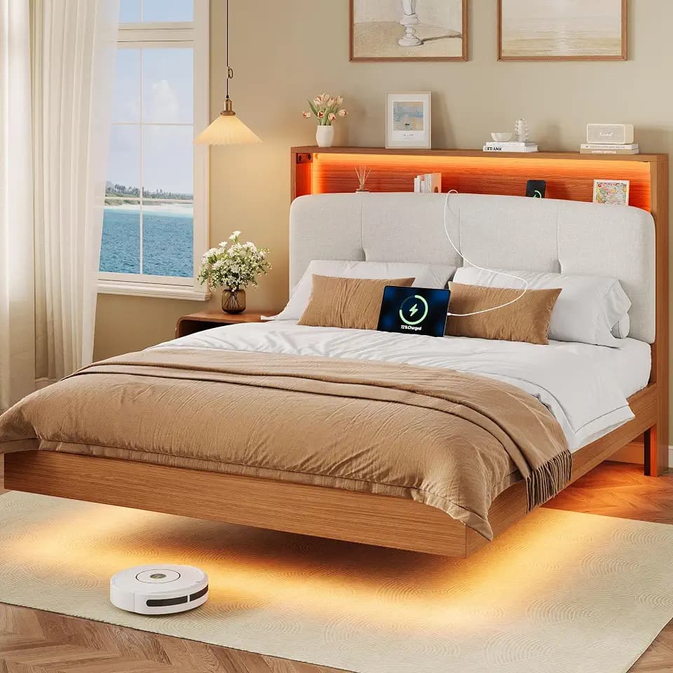 Feonase Full Size Floating Bed Frame with LED Light and Charging Station