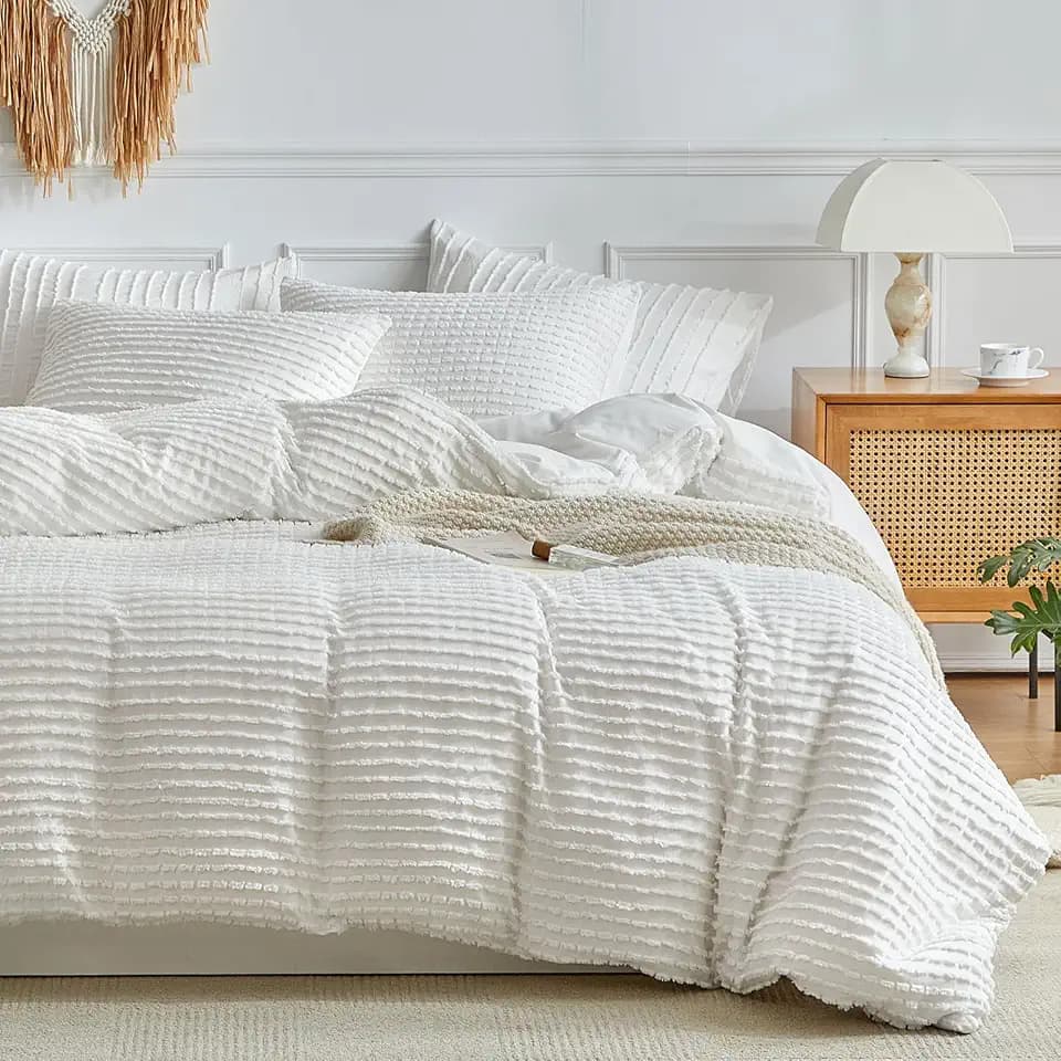 WARMDERN White Boho Duvet Cover Set Queen Size, Tuft Texture, 3-Piece