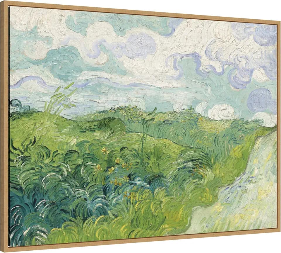 Kate and Laurel Framed Canvas Wall Art Print Green Wheat Fields Van Gogh by Nostalgia Prints, 38 x 28 Sylvie Natural Frame, Traditional, Landscape Art for Wall Decor