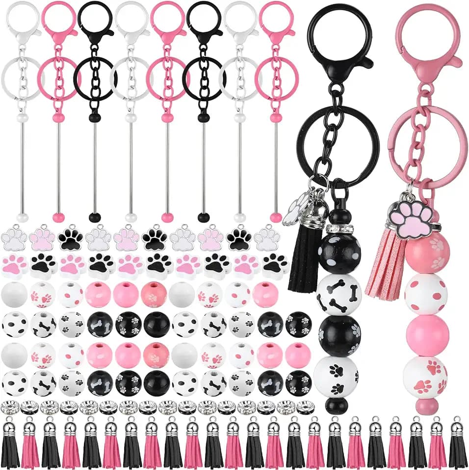Landical 12 Sets Vet Tech Gifts Bead Keychain Kit Metal Keychain Bars with Wood Dog Paw Bead Pets Kit Bone Footprint Charm Animal DIY Craft for Coworker Office Supplies Birthday Party Decor