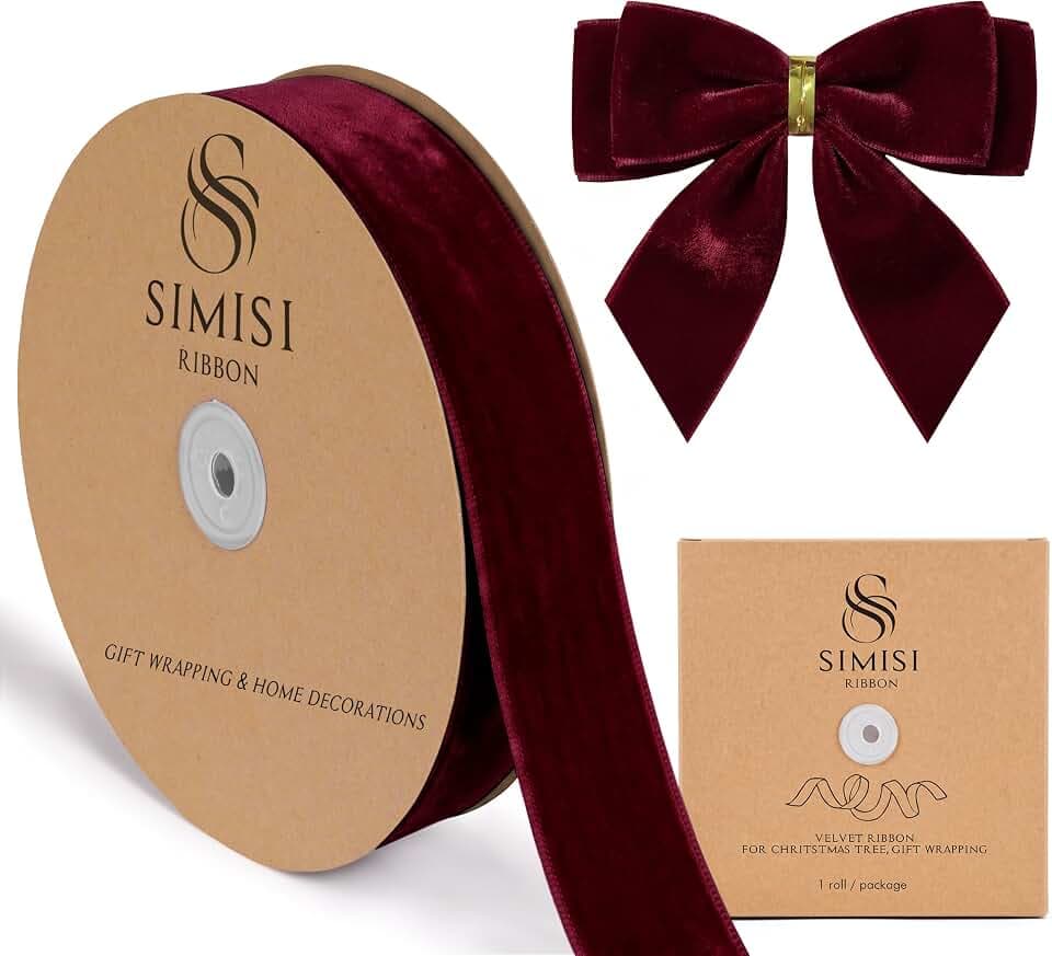 Burgundy Velvet Ribbon 1.5'' 25 Yards for Christmas Tree, Gift Wrapping, Flower Bouquet, Wreath Decorations, Bow Making