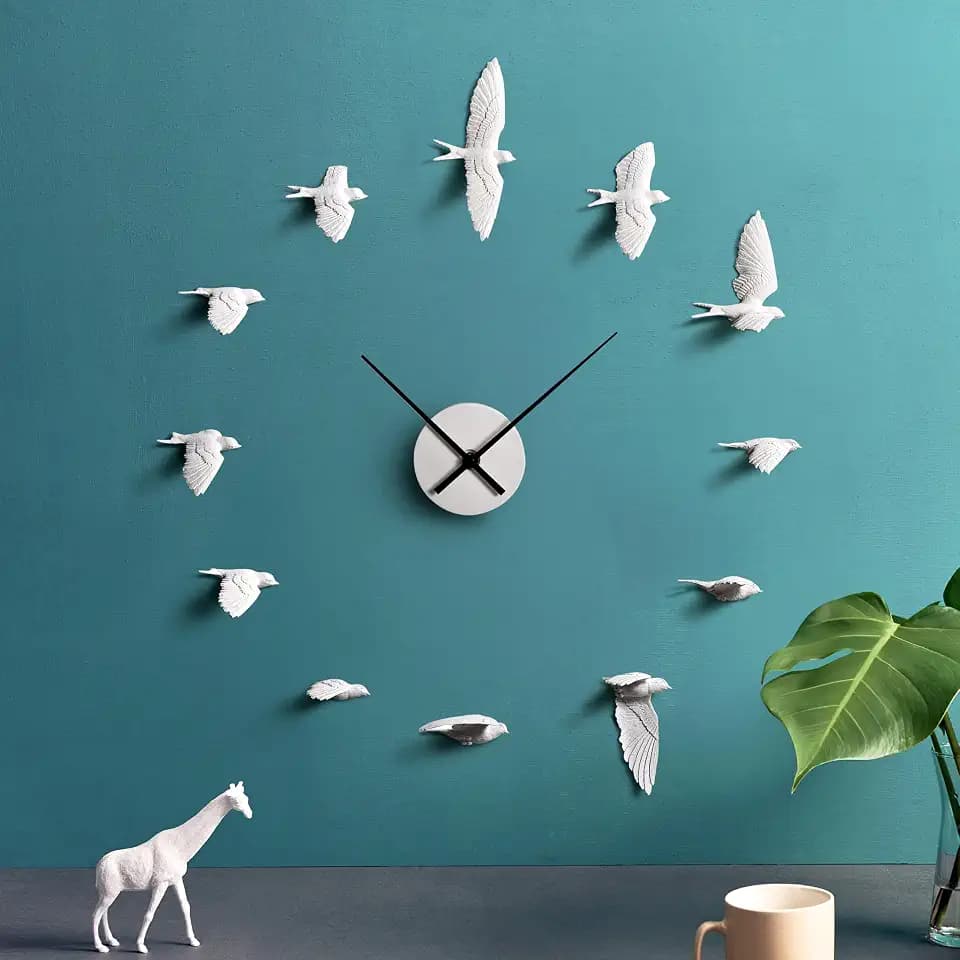 Handcrafted Swallow Large Decorative Wall Clock - Original Art Wall Decor, Luxury Details, Lifelike Movement for Everyday Beauty. Modern Frameless 25" White Design for Unique Living Room Decor