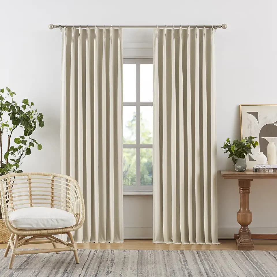 DUALIFE Natural Blackout Pinch Pleated Curtains for Bedroom 95 Inch Length, Linen Blended Farmhouse 100% Blackout Thermal Insulated Back Tab Drapes with Hooks for Track System 2 Panels-W50xL95