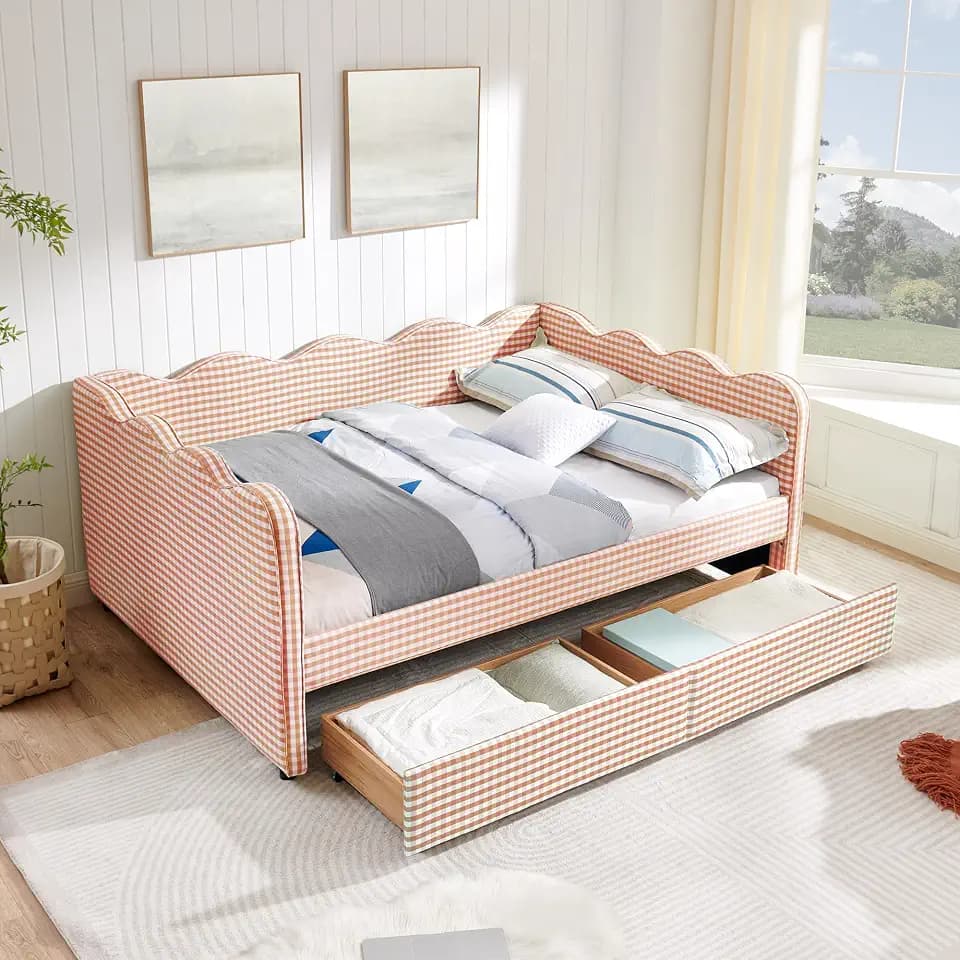 KEIKI Full Size Upholstery Gingham Daybed with 2 Storage Drawers and USB, Modern Style Adorable Wave Shaped Linen Sofa Bed, Easy Assembly, No Box Spring Required, for Living Room and Bedroom, Pink