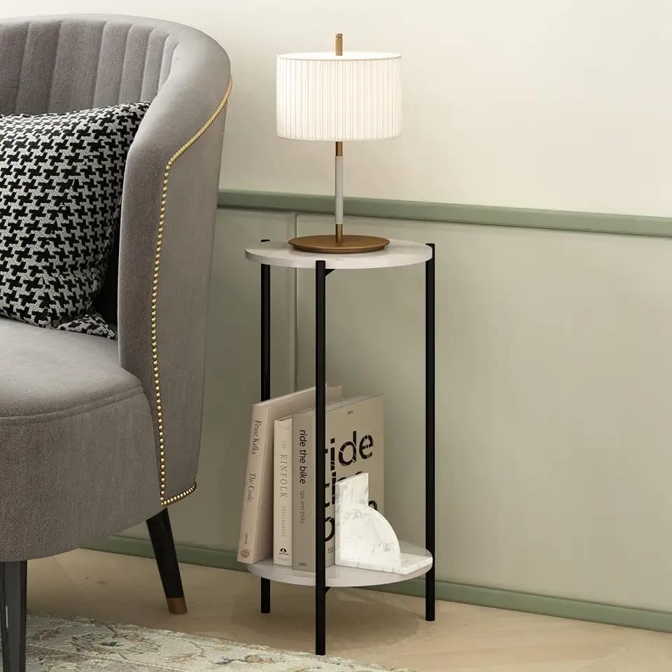 Furinno Besi 2-Tier Tall Round Side Table with Metal Legs, Light Marble