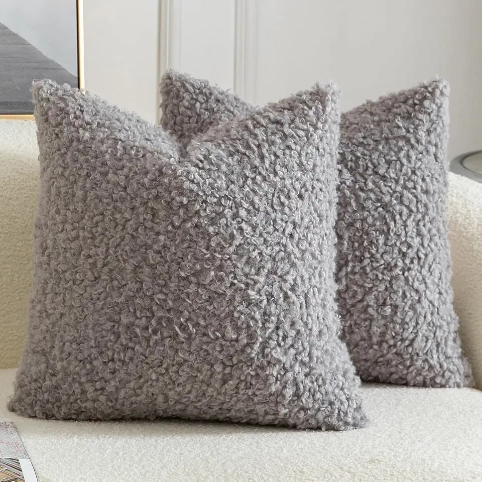 Yaertun Pack of 2 Faux Fur Throw Pillow Covers Decorative Sherpa Boucle Pillow Covers Fuzzy Soft Pillowcases Sheepskin Fleece Cushion Case for Couch Sofa Bed Living Room 26x26 Inch Light Grey