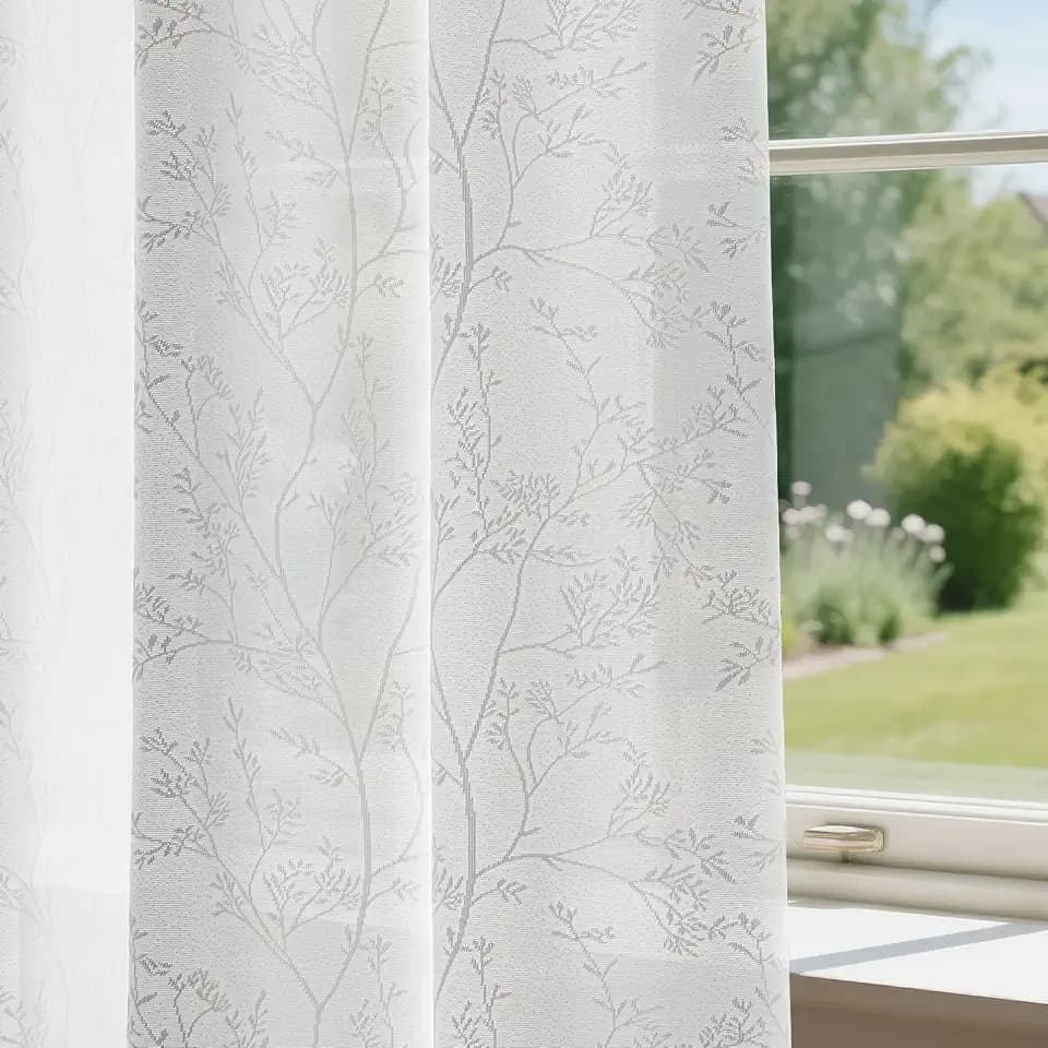 Anmao White Semi Sheer Light Filtering Curtains 90 Inches Long 2 Panels, Branch Pattern Drapes for Living Room Bedroom, Rod Pocket Sheer Window Treatments with Floral Design, 52x90 Inch