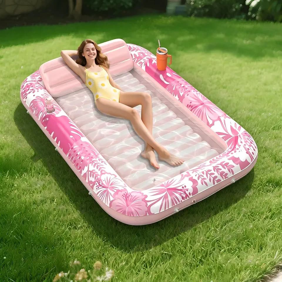 Inflatable Tanning Pool Lounger Float, 85" x 57" Pool Floats Adult with Pillow, 6 in 1 Suntan Tub Raft Floatie, Sunbathing Water Bed Lounge Blow Up Kids Ball Pit Party Gifts-Pink