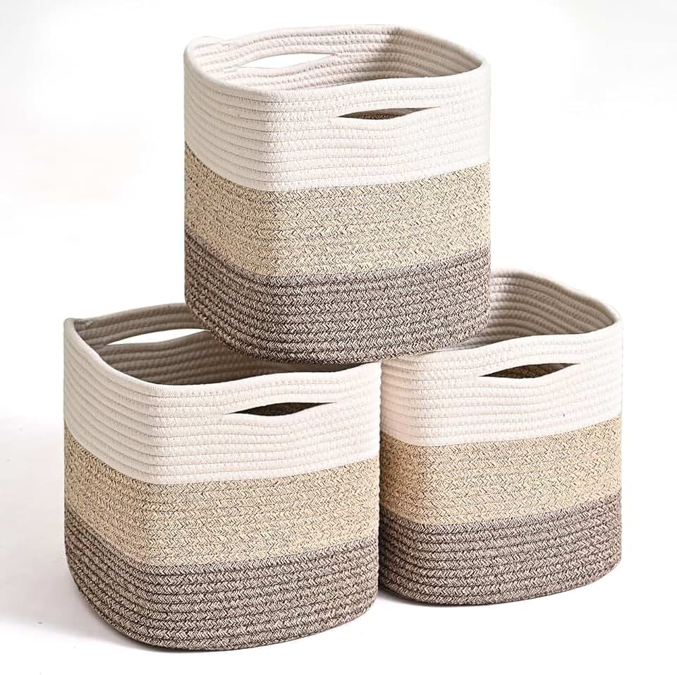 ICERZCZ 11 Inch Cube Storage Bins, Storage Cube Organizer Bins, Woven Cotton Rope Baskets for Storage, Storage Basket for Organizing Shelves, Square Baskets for Toys, Gradient Brown (Pack of 3)