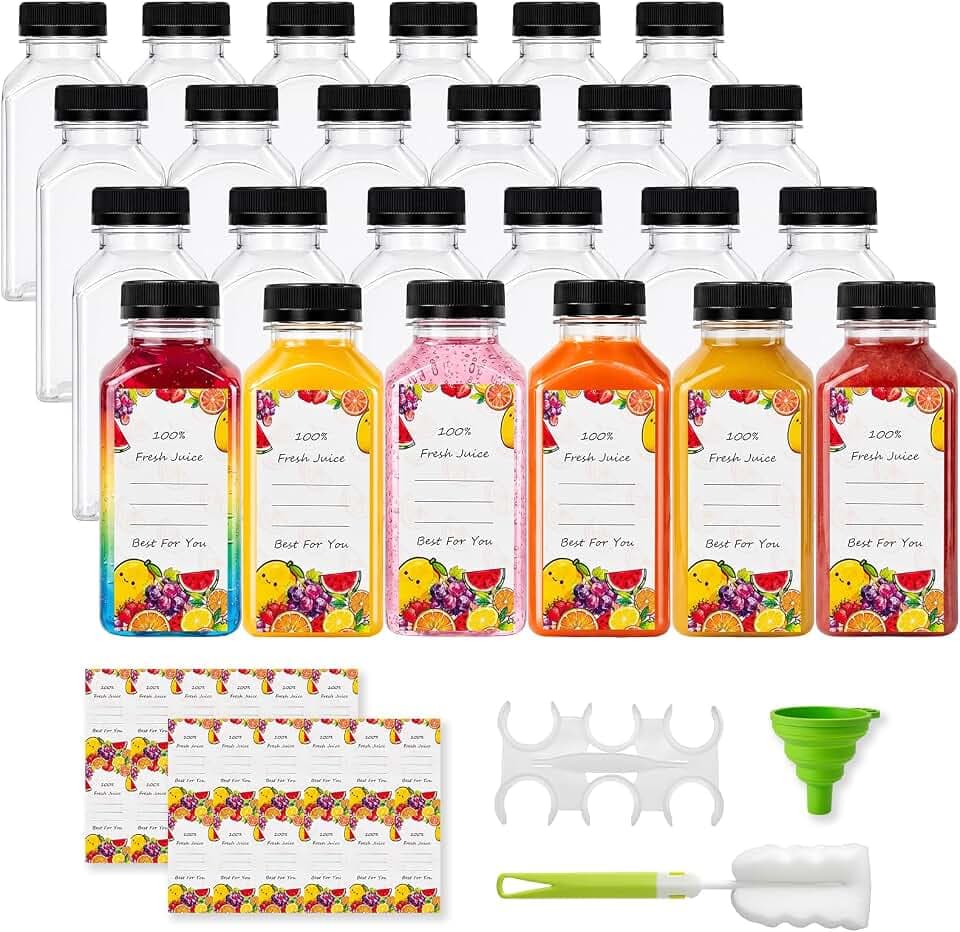 8 oz Plastic Juice Bottles with Caps (24 Pack) – Reusable Clear Empty Containers for Smoothies, Milk, Sensory Jars – Leak Proof Tamper Evident Lids, Includes Labels, Funnel & Brush – Food Grade (8oz)
