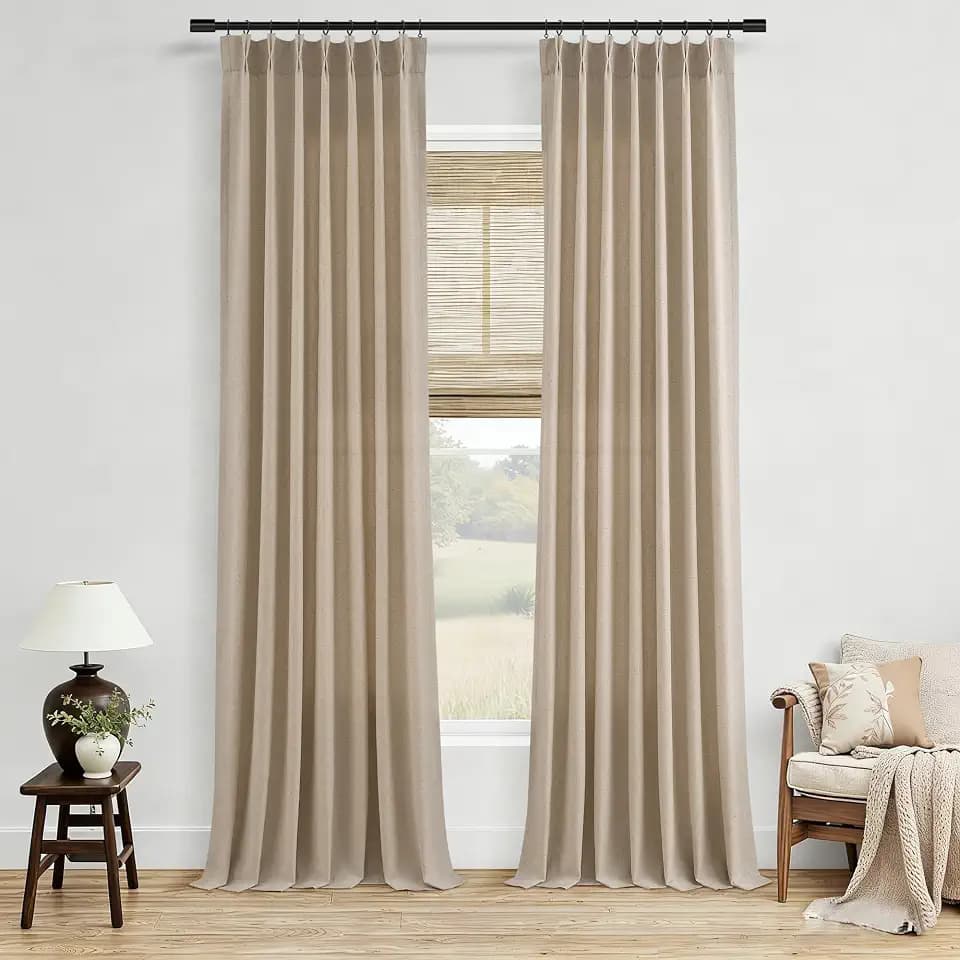 Eggshell Beige Pinch Pleated Linen Curtains 84 Inch Length 2 Panels for Living Room Bedroom Semi Sheer Light Filtering Boho Neutral Back Tab Pinch Pleat Hooks Rings Window Curtain 84 Inches Long