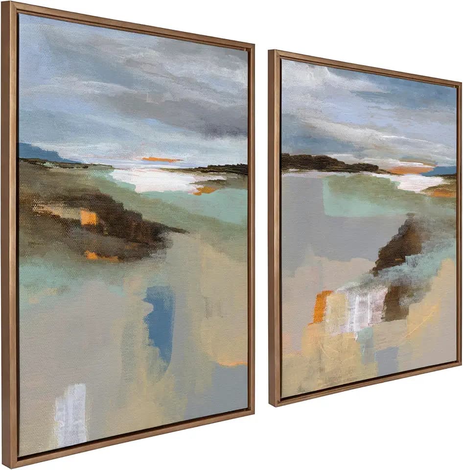 Kate and Laurel Sylvie Big Sur I and II Framed Canvas Wall Art Set by Nikita Jariwala; 2 Piece 28x38 Gold; Abstract Landscape Art Set for Wall