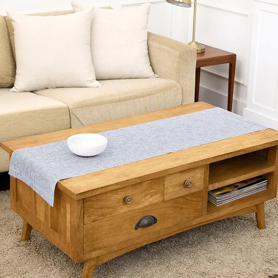 Solino Home 100% Pure Linen Table Runner, 14 x 48 in, Navy and White Stripe