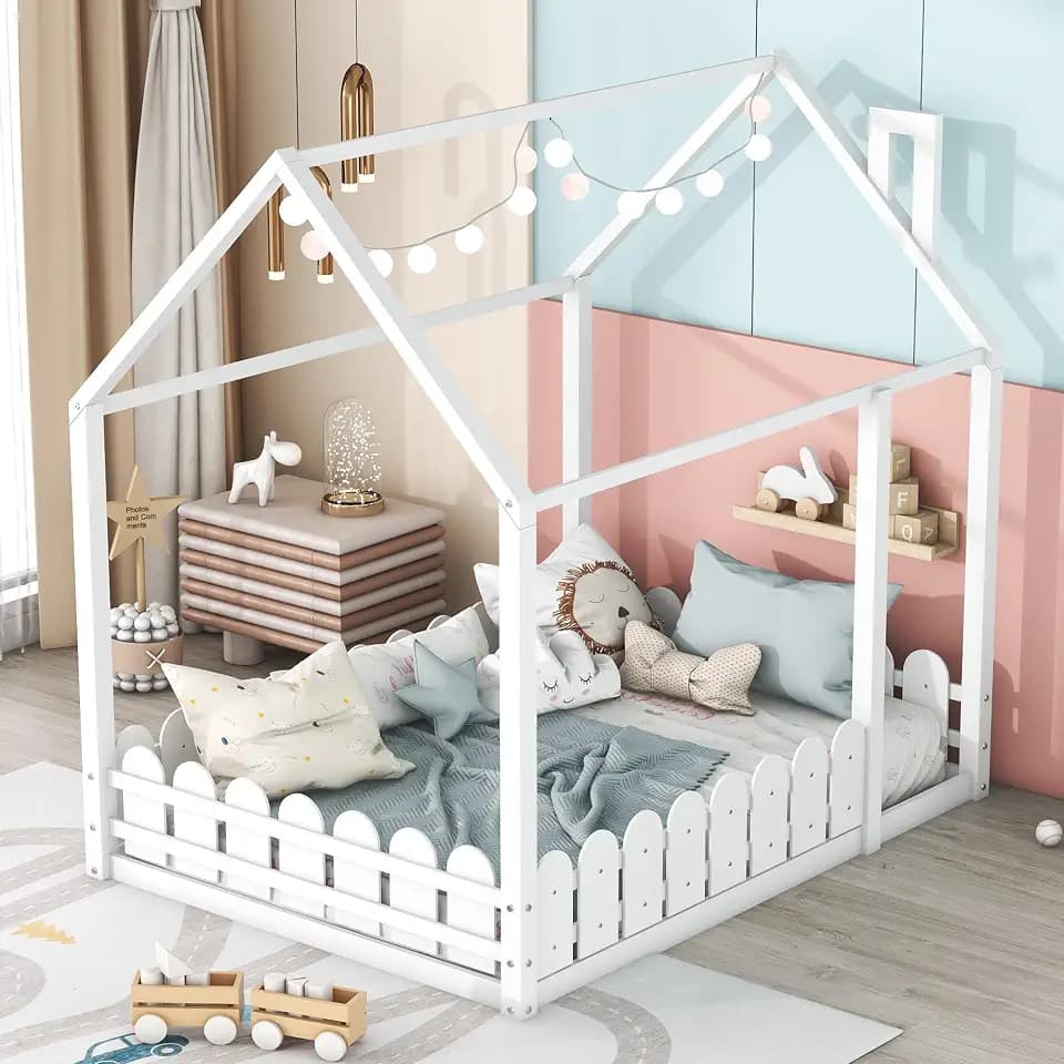 Bellemave Full Size Kids Floor Bed Frame with Fences, Wooden Full House Bed with Roof Can be Decorated for Kids Girls Boys (White)