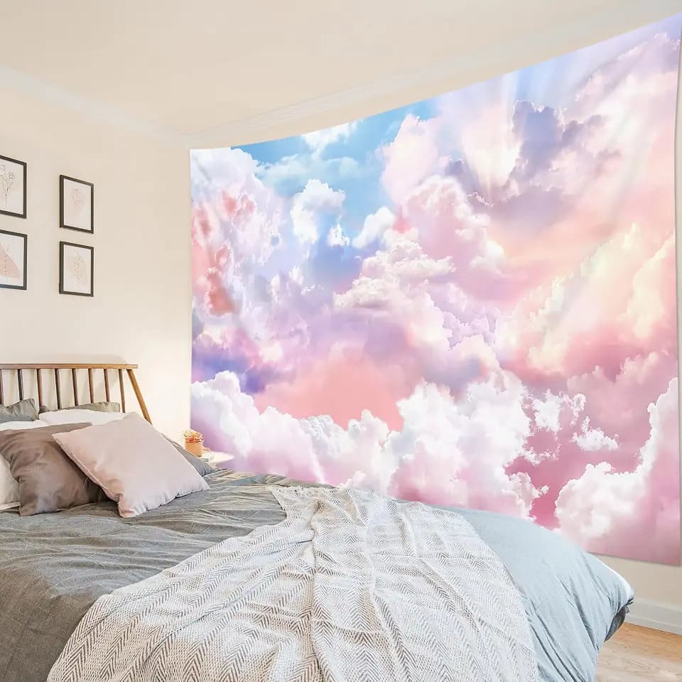 HVEST Cute Pink Cloud Tapestry Dreamy Sky Large Tapestry Wall Hanging for Bedroom Ceiling, Living Room, Aesthetic Backdrop for Girls Bedroom, Birthday, Apartment, Dorm Pink Room Decor,92.5x70.9 Inch