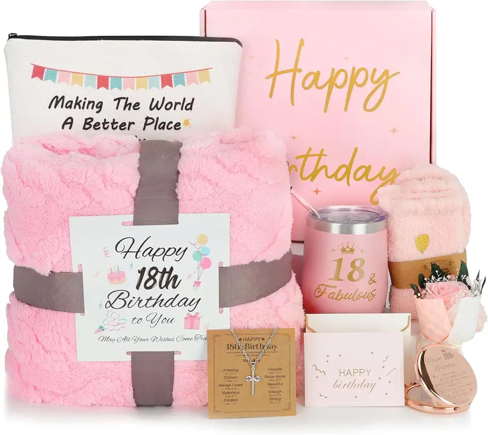 18th Birthday Gifts for Girls – 18 Year Old Girl Birthday Gift Set, Cool Pink 8-Piece Gift Box with Blanket, Socks, Tumbler, Necklace, Mirror, Makeup Bag, Flower & Card – Gifts for 18th Birthday Girl