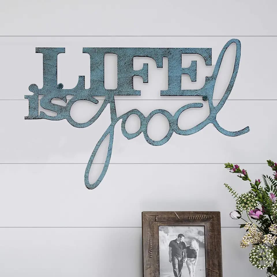 Lavish Home ‘Life is Good’ Wall Art, Teal Blue Distressed, 18.2”x14.6”