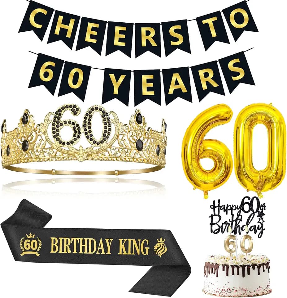 60th Birthday Decorations for Men - King Crown, Sash, Banner Birthday Gift
