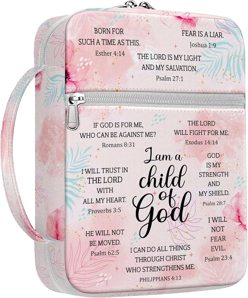 I Am A Child Of God Bible Cover for Women, Floral Scripture Bible Case with Handle and Zipper Pocket, Christian Bible Bag for Girls, Fits Standard Size, Church Gift for Faith and Prayer