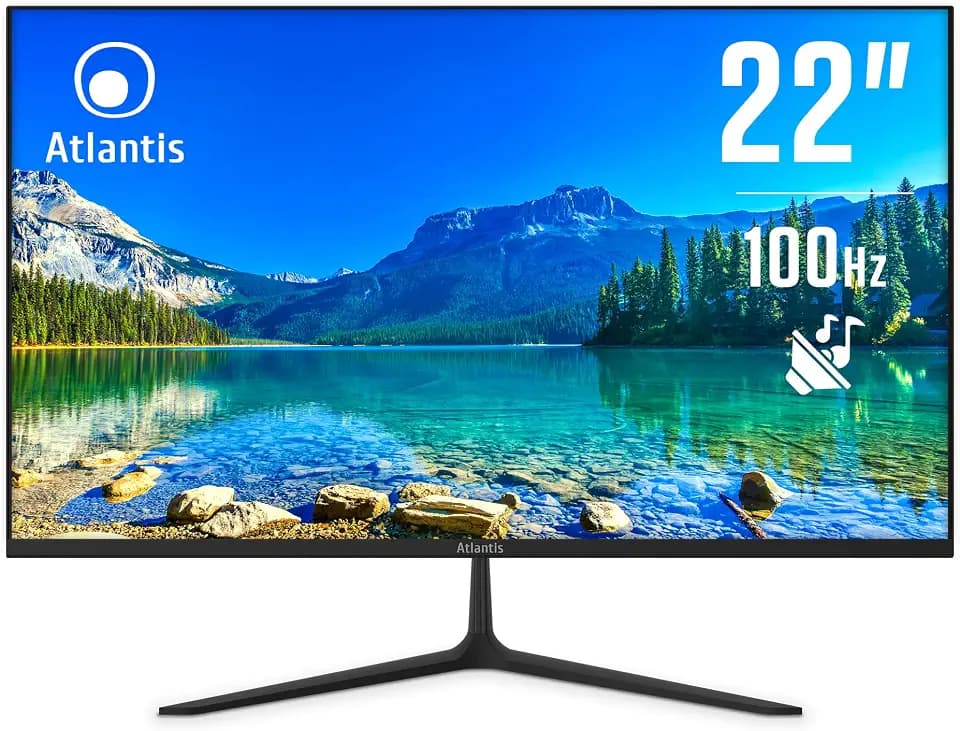 Atlantis Monitor 22 Zoll, Display 22 Zoll VA 100Hz, Full HD 1920x1080, VGA HDMI, Multimedia, FreeSync, neigbarer Audioausgang/Kopfhörer, 5ms Reaktionszeit, Kontrast 3000:1, Winkel 178/178, 1,5m