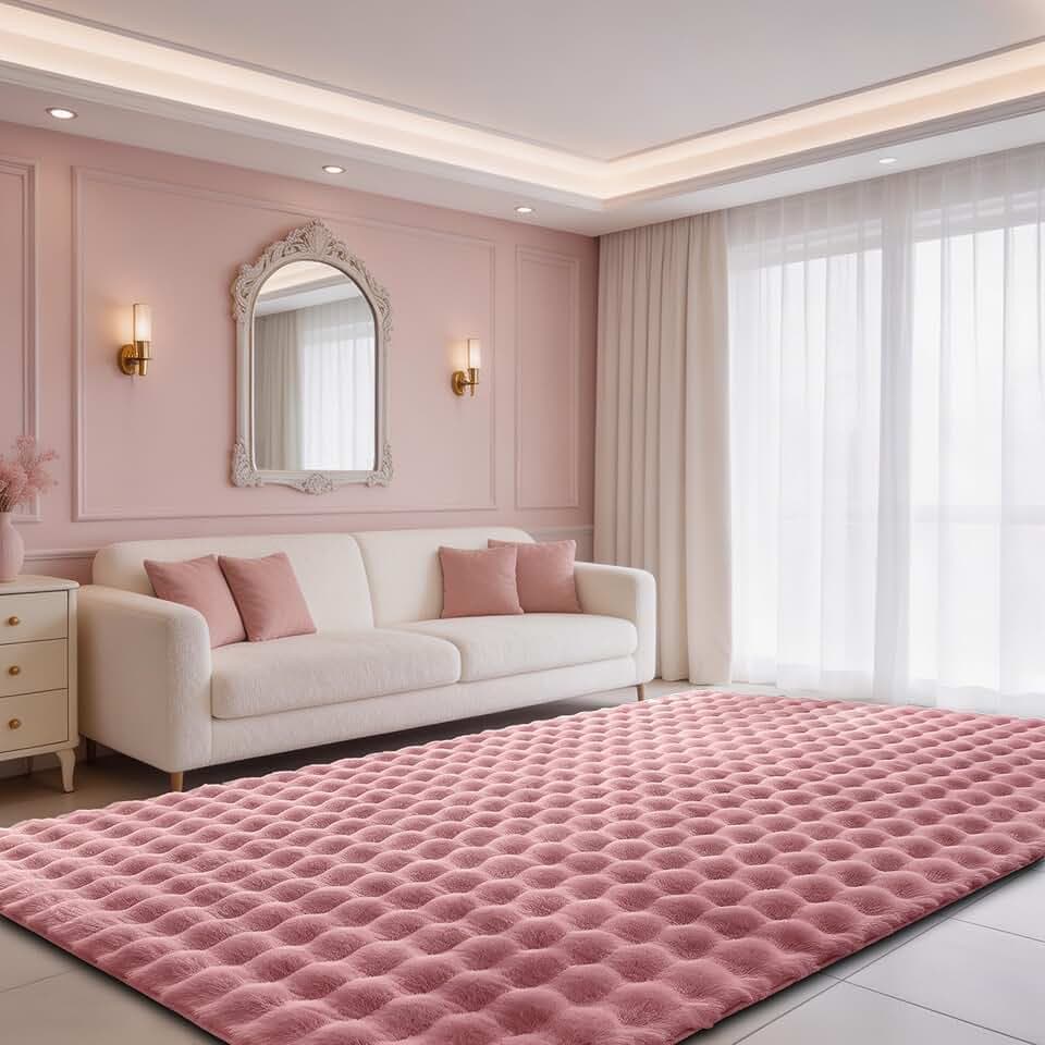 Dusty Rose Rabbit Plush Rug 5'x8', Fluffy Faux Fur Shaggy Area Rug for Nursery, Kids Room Decor, Soft Fuzzy Carpet for Living Room, Bedroom, Teen Girls Room