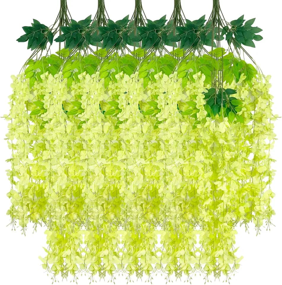 24 Pack Green Wisteria Hanging Flowers Garland, 3.44 Feet Artificial Flower Vines, Fake Wisteria, Artificial Vines Hanging Garland for Backdrop Outdoor Yard Garden Decor