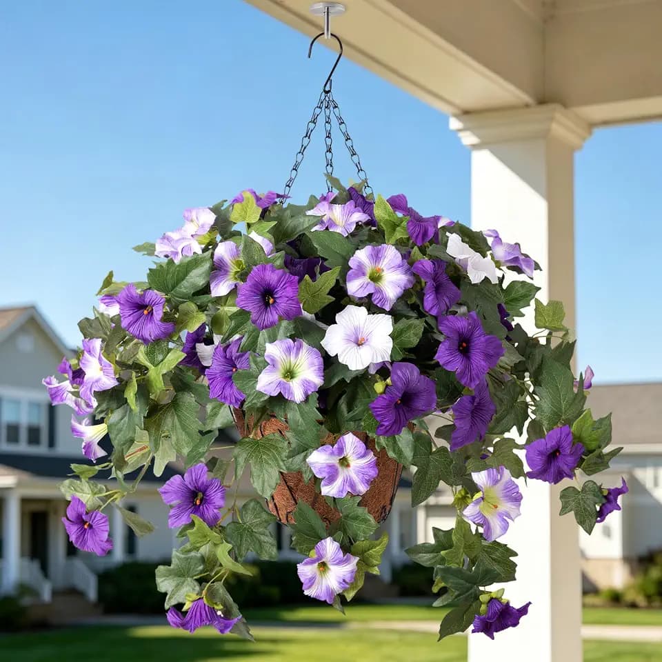 Ammyoo Artificial Hanging Fake Flowers with Basket Plants for Outdoor Decor