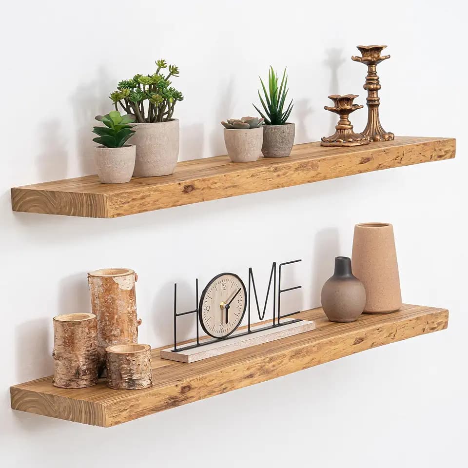 Acovy Extra Deep 32" Long Live Edge Rustic Floating Shelves for Wall, Solid Wood Wall Shelves with Invisible Bracket Mount for Living Room Bathroom Bedroom Kitchen, Set of 2, Natural
