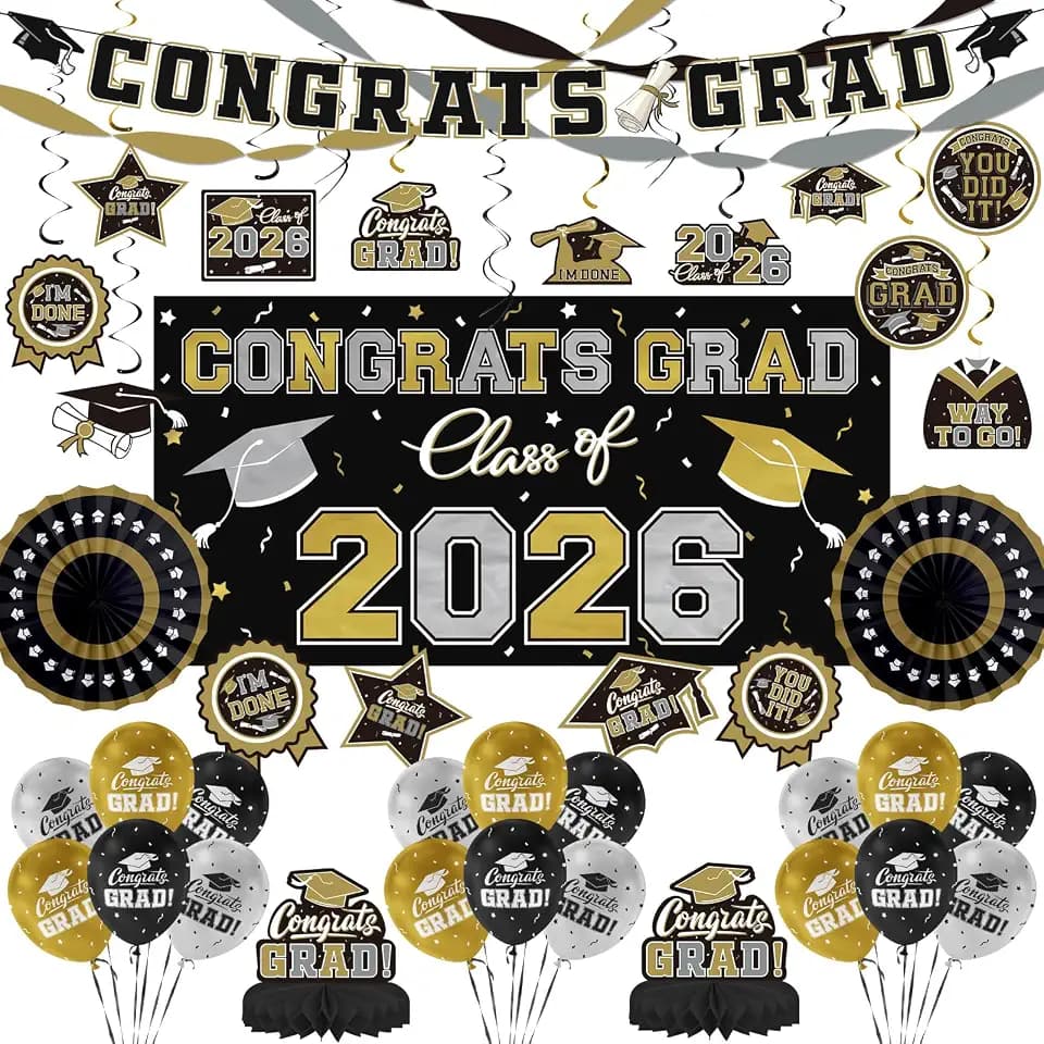Black and Gold Themed 2026 Graduation Decorations Set - Congrats Grad Banner, Class of 2026 Backdrop, Balloons & Streamers Kit - Graduation Party Supplies for High School & College Celebrations