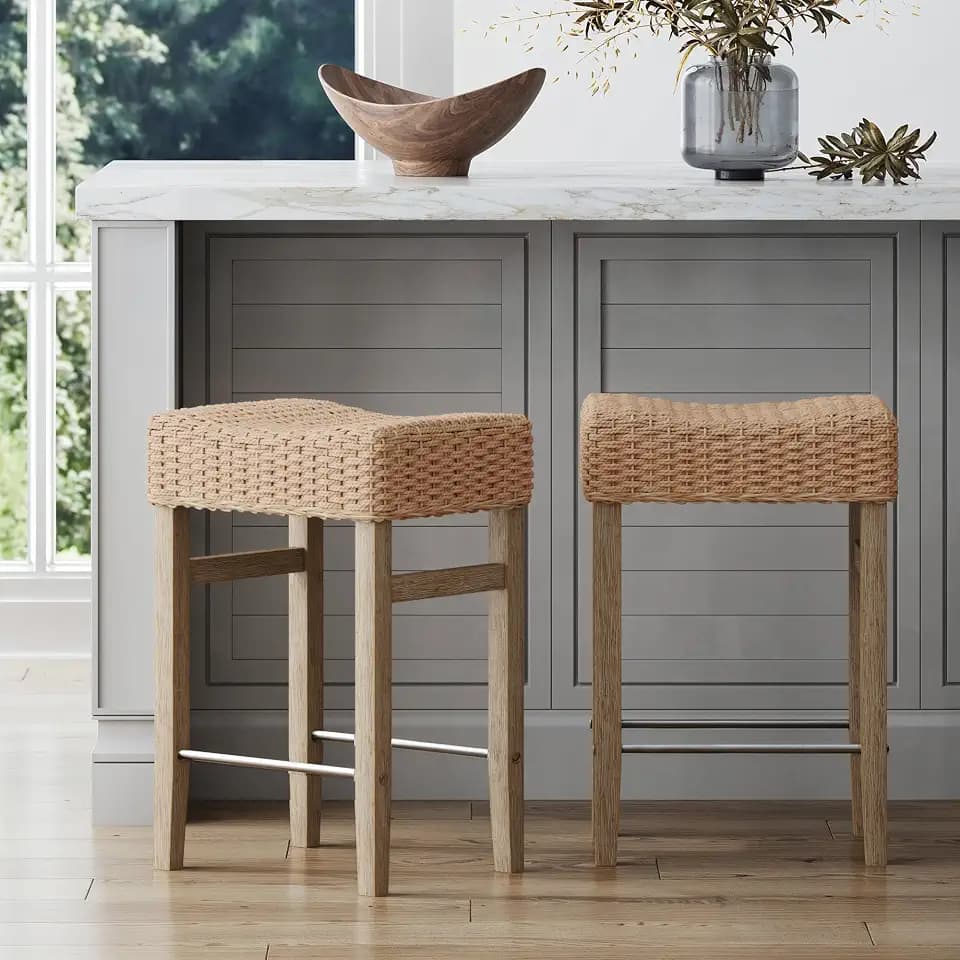 Nathan James Harvey Rattan Bar Stool, Bohemian Counter Height Stool with Woven Seagrass Seat, Solid Wood Legs, and Metal Footrest Seagrass/Brushed Gray