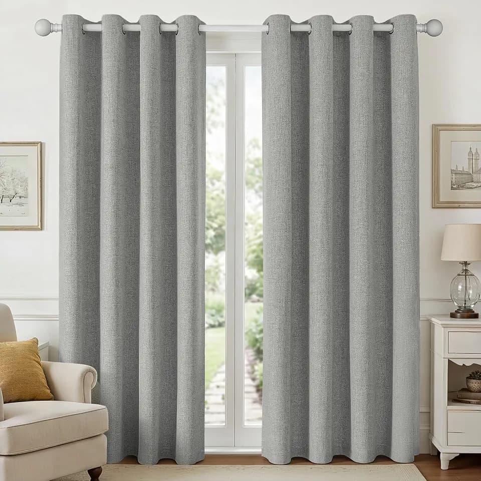Joydeco Light Grey Curtains for Bedroom 2 Panels Set, Faux Linen Textured 100% Blackout Curtains 2 Panels Set Thermal Insulation Drapes, Grommet Room Darkening Drapes for Living Room