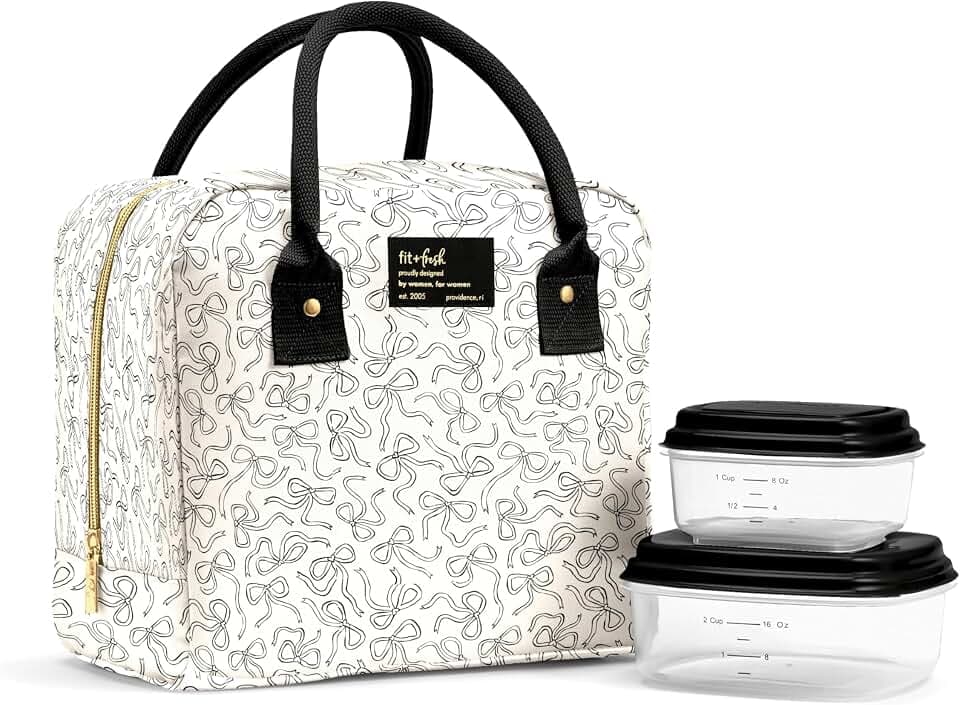 Fit & Fresh Bloomington Lunch Bag for Women - Insulated Large Lunch Box for Work with Containers, Leak-Resistant, Stain-Resistant, Zipper Closure, Black and White Sketched Bows