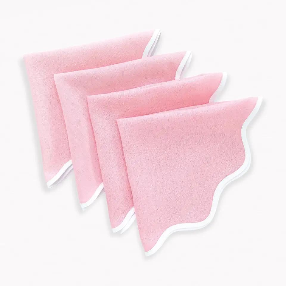 Solino Home 100% Pure Linen Napkins, 20 in Round, White and Pink, Set of 4