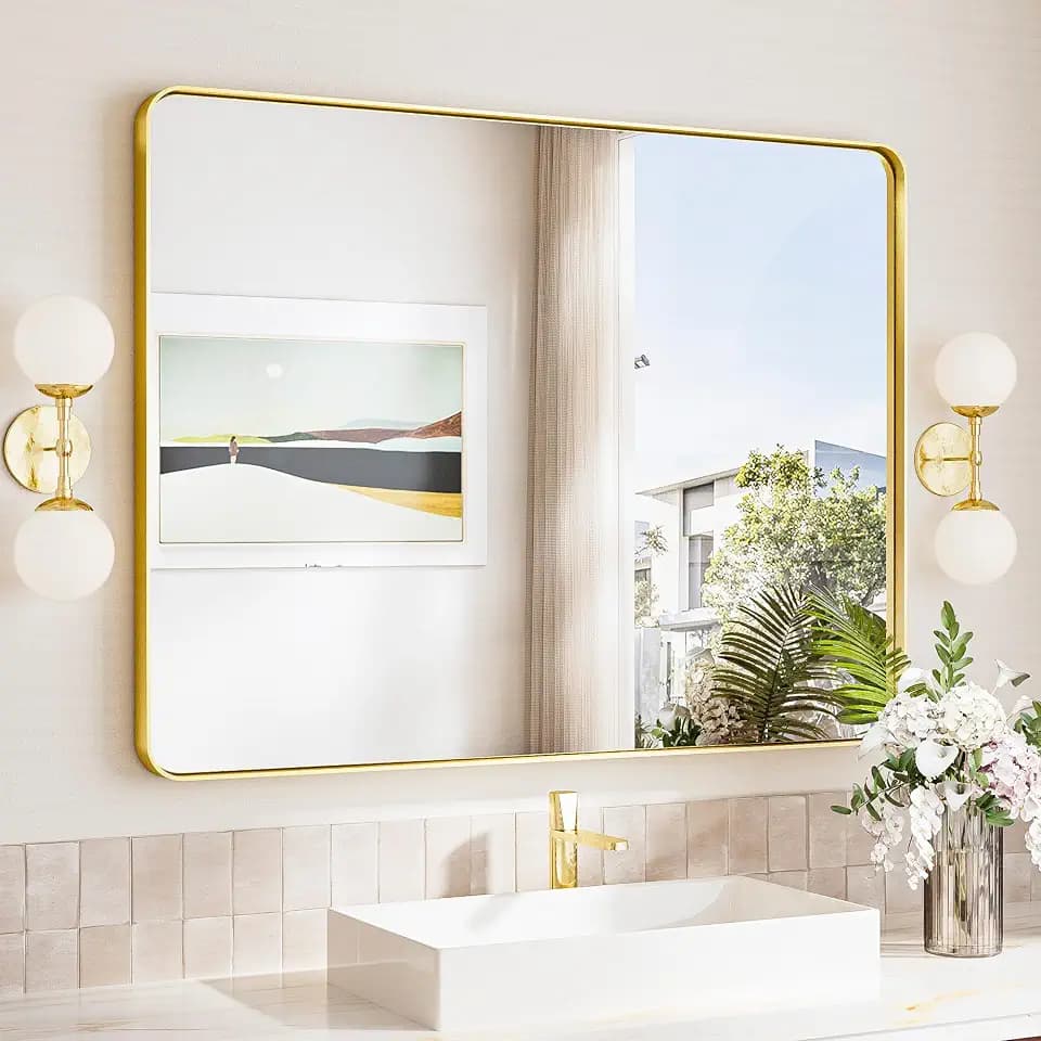 TokeShimi Brushed Gold Bathroom Mirror,40x30 Large Bathroom Mirror Rectangle,Aluminum Vanity Mirror Bathroom Wall with Tempered Glass,Modern Gold Mirror Framed(Horizontal/Vertical)