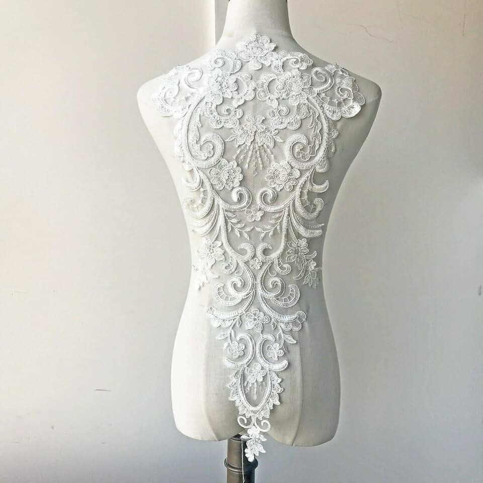 Bodice Lace Applique with Beaded Sequin Embroidery Floral Back Lace Appliques Patches for Craft Projects (White)