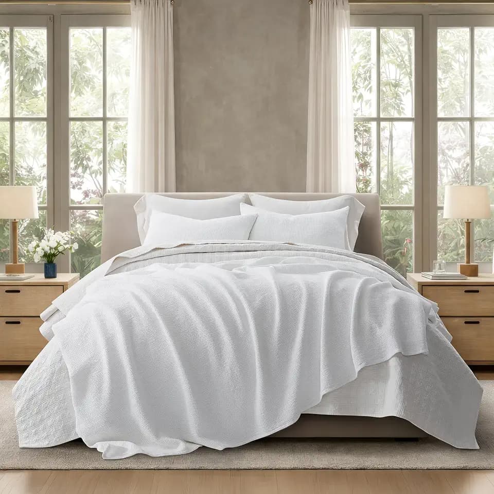 EverGrace 100% Cotton Waffle Bed Blanket, King Size, Bright White