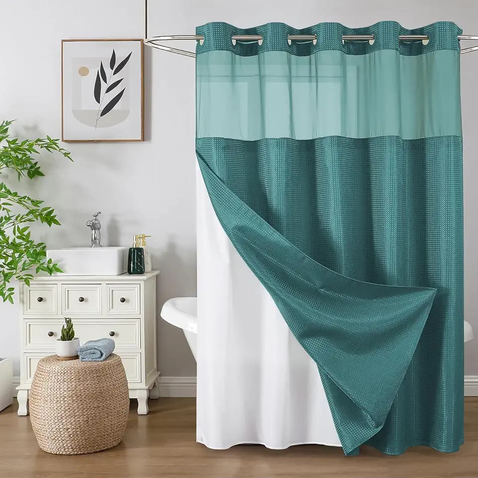 Colorful Star Seaweed Green No Hook Waffle Shower Curtain Set, 72"W x 75"L