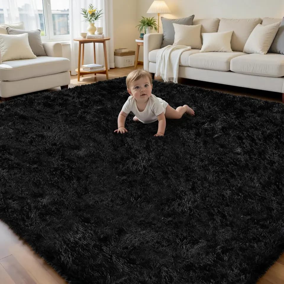6x9 Black Fluffy Fuzzy Shag Area Rug for Living Room, Bedroom, Dorm Carpet