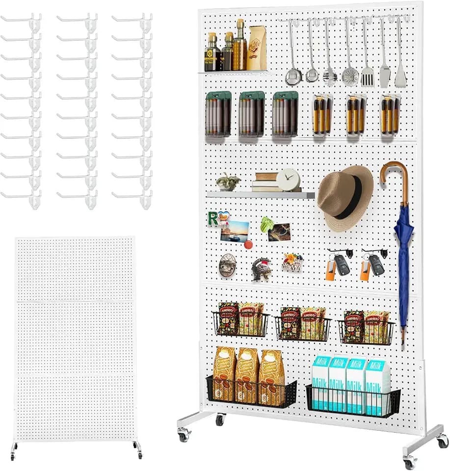 NectaCol 3.5'x 6' Metal Pegboard with T-Base, Peg Board Display Stand With Wheel, Big Standing Pegboard Display, Art Display Stand with 30 Hooks for Retail Store, White